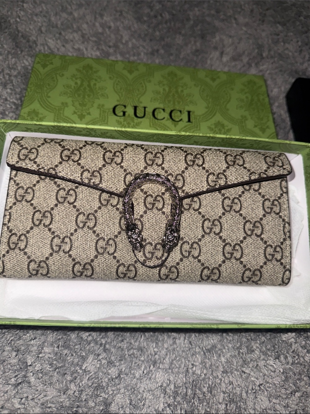 Beige Brown GG Supreme Dionysus Continental Wallet with Silver Hardware